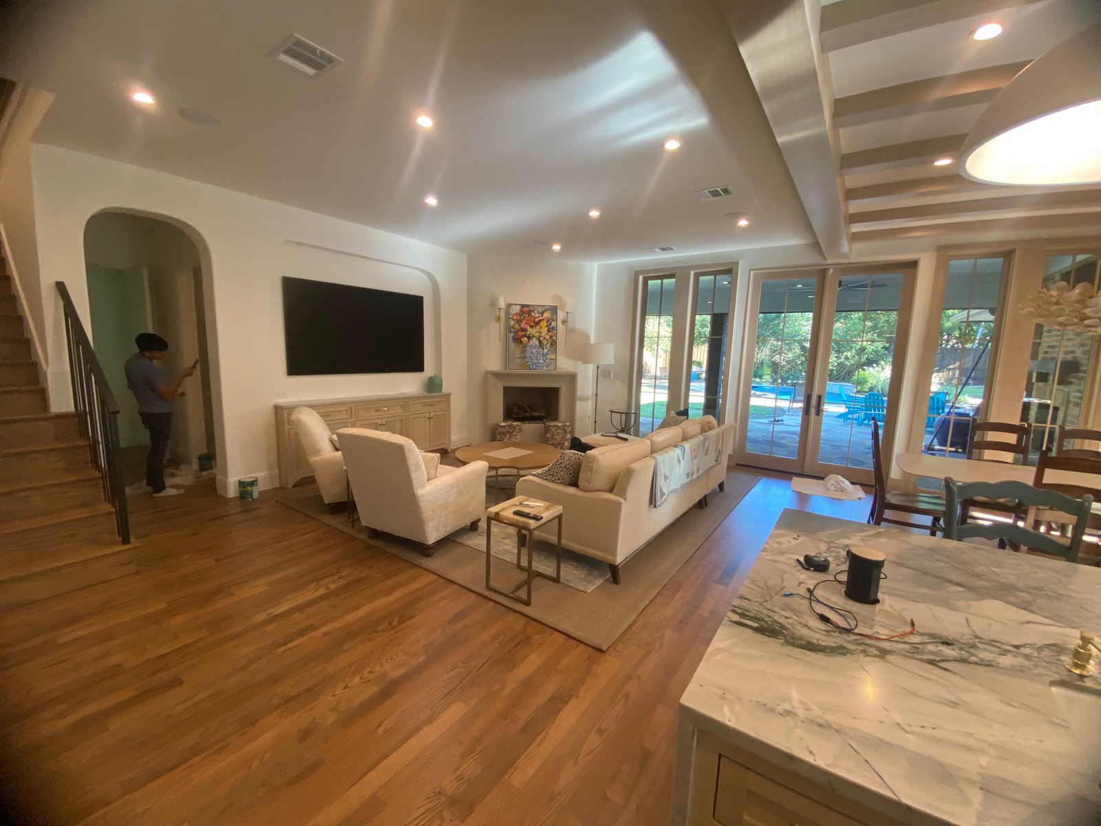 Open concept living room with fireplace